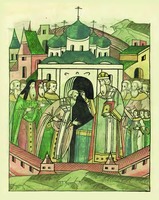 Хиротония Серапиона в архиепископа Новгородского и Псковского. Миниатюра из Лицевого летописного свода. 70-е гг. XVI в. (РНБ. F.IV.232. Л. 655)