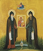 Преподобные Евфросин и Серапион Псковские, с Цареградской иконой Божией Матери. 80–90-е гг. ХХ в. (Елеазаровский мон-рь)