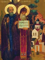 Преподобные Савва и Серапион Псковские. Фрагмент иконы «Собор Елеазаровских святых». Кон. XIX в., поновления 2-й пол. ХХ в. (Елеазаровский мон-рь)