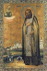Прп. Серафим Саровский, в молении Божией Матери на фоне Саровского мон-ря, с частицей камня и частицей одежды преподобного. Икона. Нач. ХХ в. (Богоявленский 