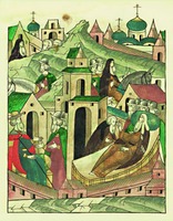 Митр. Симон перед смертью прощается со свт. Серапионом и отпускает его в Троице-Сергиев монастырь. Миниатюра из Лицевого летописного свода. 70-е гг. XVI в. (РНБ. F.IV.232. Л. 715)