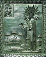 Прмч. Симон Воломский в молении Божией Матери с Младенцем. Икона в окладе. Кон. XVIII — нач. XIX в. Оклад 1-й трети XIX в. (ц. свт. Стефана Пермского в Вел. Устюге)