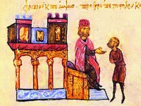 Царь Симеон Болгарский отправляет посла Египетскому эмиру. Фрагмент миниатюры из Хроники Иоанна Скилицы. Сер. XII в. (Matrit. gr. 2. Fol. 148v)