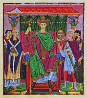 Имп. Оттон III и Сильвестр II, папа Римский. Миниатюра из Евангелиария. 1000 г. (Monac. Clm. 4453. Fol. 24)