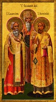 Святители Симеон, еп. Переяславский, архиеп. Евфимий и еп. Николай. Клеймо иконы «Собор Русских святителей». 60-е гг. XIX в. (Князь-Владимирский собор, С.-Петербург)