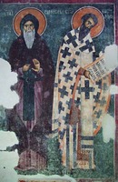 Прп. Симеон Мироточивый, свт. Василий Великий. Роспись придела во имя прп. Симеона Мироточивого храма Св. Троицы мон-ря Сопочаны. Ок. 1263–1268 гг.