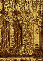 Прп. Меркурий Печерский, еп. Смоленский, свт. Симон, еп. Владимирский и Суздальский и свт. Михаил, митр. Киевский. Фрагмент гравюры «Собор Киево-Печерских святых». Мастер Василий Белецкий. 1756 г. (РГБ)