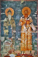 Прп. Симеон Мироточивый и свт. Савва I, архиеп. Сербский. Роспись храма Христа Пантократора мон-ря Дечаны. 1346/47 г.