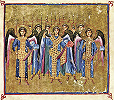 Собор архангелов. Миниатюра. 80-е гг. XI в. (Ath. Dionis. 587. Fol. 123v).