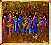 Собор архангелов. Миниатюра. 80-е гг. XI в. (Ath. Dionis. 587. Fol. 123v).