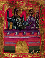 Арх. Гавриил, сщмч. Ириней еп. Сирмийский, прп. Малх. Миниатюра из Минология Димитрия Палеолога. 1322–1340 гг. (Bodl. gr. th. f. 1. Fol. 33r)