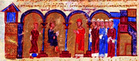 Сисиний II, патриарх К-польский, перед имп. Василием II. Миниатюра из Хроники Иоанна Скилицы. XII в. (Matrit. gr. 2. Fol. 184)