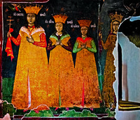 Господарь Петру Молодой, с братьями Раду и Мирчей, и матерью Кяжной. Ктиторская композиция в росписи кафоликона. XVI в. Фото: собрание Э. Драгнева