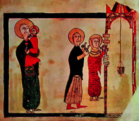 Сретение Господне. Миниатюра. 1388 г. (Матен. 4813. Л. 2б)