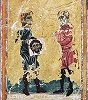 Обретение Мандилиона и Керамиона в Эдессе. Миниатюра. 3-я четв. XIV в. (NY Morgan. Ms. M.499)