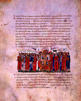 Лист из «Хроники» Иоанна Скилицы. Миниатюра с изображением имп. Феофила. XII в. (Matrit. Gr. 26. Fol. 42r)