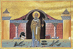 Свт. Спиридон Тримифунтский. Миниатюра из Минология имп. Василия II. 1-я четв. XI в. (Vat.gr. 1613. P. 239)