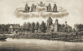 Вид Косинского Никольского монастыря в 1877 г. Литография. 1880 г. (НГОМЗ) © Новгородский музей-заповедник, Великий Новгород