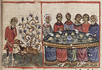 Загадки Самсона на пире. Миниатюра из Октатевха. Ок. 1150 г. (Vat. gr. 746. pt. 2. Fol. 491r)