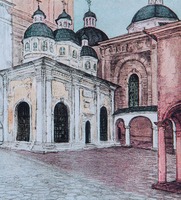 Успенская церковь, 1572–1631 гг. (справа), часовня Трех святителей во Львове. Акварель. Худож. Г. К. Лукомский. 1915 г.