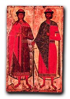 Святые Борис и Глеб. Икона из Зверина мон-ря в Новгороде. 1335 г. (ГИМ)