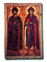 Святые Борис и Глеб. Икона из Саввино-Вишерского мон-ря. XIII в. (КМРИ)