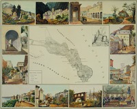 Карта Св. Горы Афон с 12 видами монастырей. Цветная литография. 1840 г.
