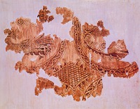 Фрагмент шелковой ткани с изображением птиц из раскопок ц. св. Ахиллия на оз. Микра-Преспа. XI в.