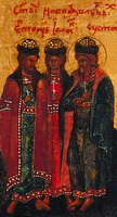 Мученики Антоний, Иоанн и Евстафий. Минейная икона. Кон. XIX в. (ЦАК МДА). Фрагмент