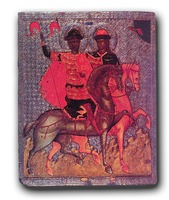 Святые Борис и Глеб. Икона из Борисоглебской ц. в Плотниках, Новгород. Ок. 1377 г. (НГОМЗ)