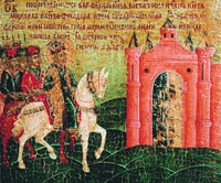 Кликните для увеличения картинки Вокняжение в Муроме блгв. кн. Георгия Ярославича. Клеймо иконы "Святые князья Константин, Михаил и Феодор Муромские с житием". 1714 г. Мастер А. Казанцев (МИХМ)