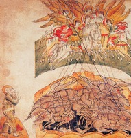 Кликните для увеличения картинки Низвержение сатаны и ангелов его. Миниатюра из лицевого Апокалипсиса. 2-я пол. XVI в. (РГБ. Собр. В. В. Егерева. Ф. 466. № 6. Л. 68 об.)