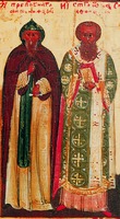 Свт. Афанасий Великий и прп. Антоний Великий. Минейная икона. Кон. XVI в. (ВГИАХМЗ). Фрагмент