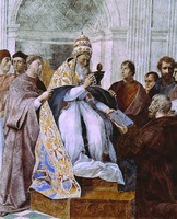 Григорий IX передает на хранение декреталии. Худож. Рафаэль. Роспись Станца делла Сеньятура. 1511 г.