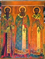 Святители Василий Великий, Григорий Богослов и Иоанн Златоуст. Икона. 1650 г. (ц. Воскресения на Дебре, Кострома)
