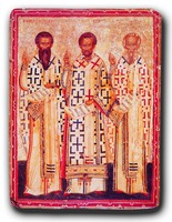 Три святителя. Икона-таблетка. 2-я четв. XV в. Тверь (СПИГИАХМЗ)