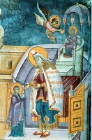 Введение во храм. Питание Марии ангелом. Роспись ц. праведных Иакима и Анны мон-ря Студенца. 1314 г.