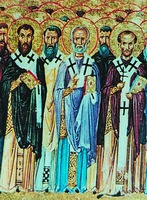 Свт. Василий Великий (слева в 1-м ряду). Фрагмент миниатюры. 1059 г. (Dionys. Cod. 587. Fol. 126r)