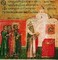 Кликните для увеличения картинки Обновление блгв. кн. Георгием Ярославичем Благовещенского храма. Клеймо иконы "Святые князья Константин, Михаил и Феодор Муромские с житием". 1714 г. Мастер А. Казанцев (МИХМ)