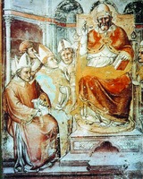 Свт. Григорий Великий на троне в окружении епископов. Роспись капеллы Барди ц. Санта-Мария Новелла во Флоренции. XIV в.