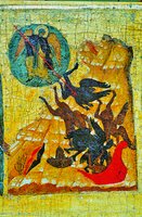 Изгнание падших ангелов. Клеймо иконы «Св. Троица в бытии». XVI в. (СИХМ)