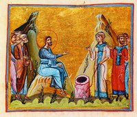 Христос и самарянка. Миниатюра из Евангелия. XI в. (Ath. Dionys. 587m. Fol. 21v)