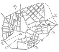 План города: 1) кафедральный собор; 2) пруд; 3) ц. св. Рипсиме; 4) ц. св. Гаяне; 5) ц. св. Шогокат; 6) ц. св. Иоанна