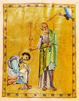 Евангелист Иоанн с Прохором. Миниатюра из Евангелия. Ок. 1059 г. (Ath. Dionys. 588m. Fol. 225v)