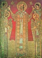 Христос Великий Архиерей с сослужащими святителями и ангелами. Фрагмент Хиландарской завесы. 1399 г. (мон-рь Хиландар, Афон)