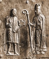 Имп. Галлиен подносит корону свт. Зинону в благодарность за исцеление дочери. Фрагмент бронзовых врат собора Сан-Дзено Маджоре в Вероне. XI-XII вв.