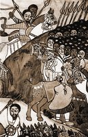 Битва царя Лалибалы с братом. Картина неизвестного художника. Кон. XIX — нач. ХХ в. (Национальный музей естествознания, Париж)