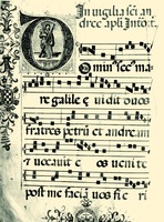 Позднесредневек. квадратная нотация. Интроит «Dominus secus mare» (Мф 4. 18) в хоровом градуале. XIV-XV вв. (Ла-Верна, Италия. Bibl. de Santuario, ms. A. Fol. 1v)