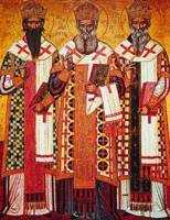 Патриархи Александрийские (слева направо): свт. Кирилл, свт. Афанасий Великий, свт. Иоанн Милостивый. Икона. XVI в. (?)