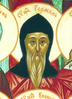 Кликните для увеличения картинки Прп. Герман Дивный. Фрагмент иконы "Собор Новгородских святых". 60-е гг. XX в. (ц. ап. Филиппа в Новгороде)